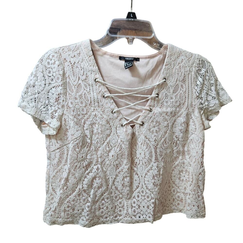 🪶 Forever 21 Cream Lace Up Crochet Top Size Small ~ Boho Chic Romantic Festival